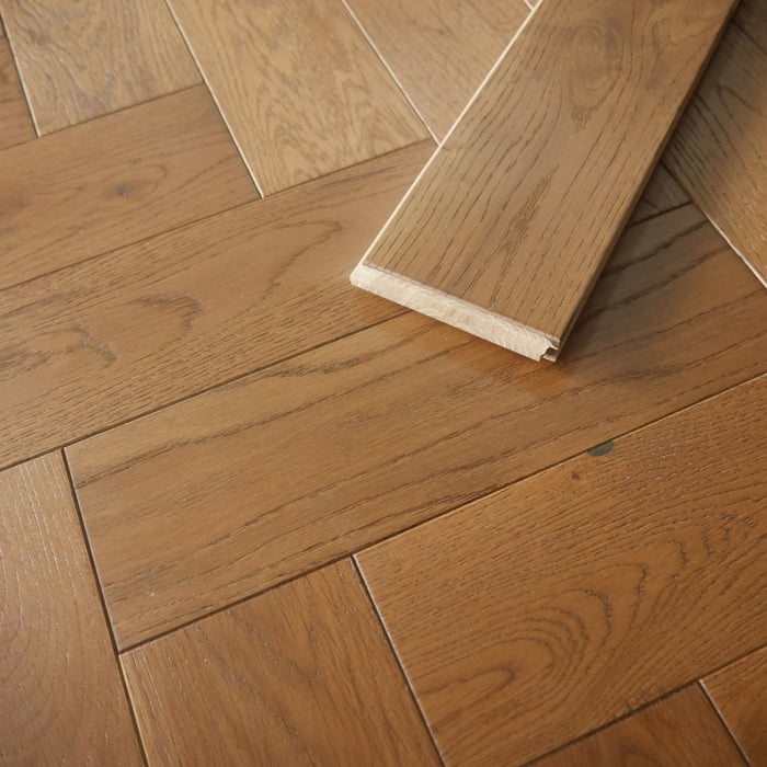 Solid Oak Herringbone Golden Smoke Brushed UV Oiled Wood Flooring